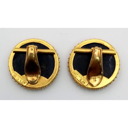 540 - A Pair of 18K Yellow Gold Lalaounis Sodalite Disc Earrings. 2.5cm diameter. 20.5g total weight