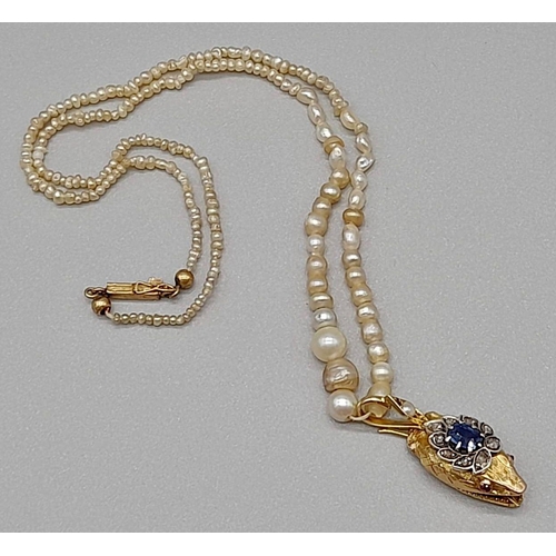 568 - An Antique Georgian Natural Graduated Pearl Necklace - With a 15K Yellow Gold Sapphire and Diamond S... 