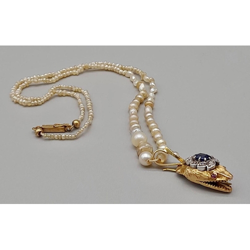 568 - An Antique Georgian Natural Graduated Pearl Necklace - With a 15K Yellow Gold Sapphire and Diamond S... 