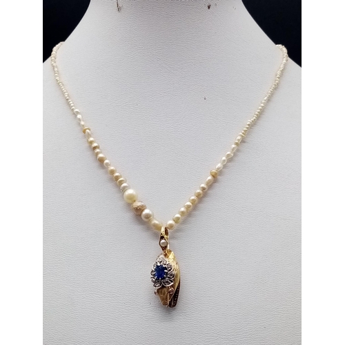 568 - An Antique Georgian Natural Graduated Pearl Necklace - With a 15K Yellow Gold Sapphire and Diamond S... 