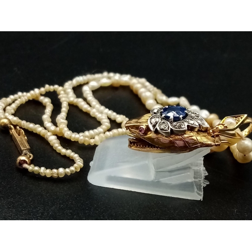 568 - An Antique Georgian Natural Graduated Pearl Necklace - With a 15K Yellow Gold Sapphire and Diamond S... 