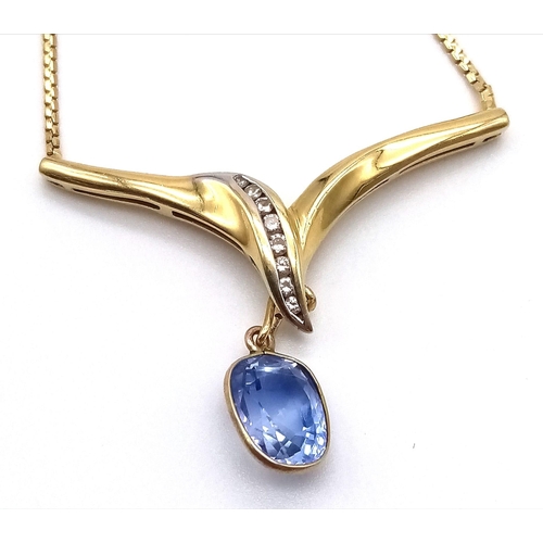 442 - An Elegant 18K Yellow Gold Sapphire and Diamond Necklace. A delicate gold necklace with chevron and ... 