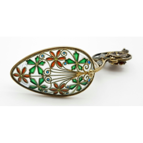 424 - An Antique Possibly Russian Silver Plique-a-Jour Enamel Tea Caddy Decorative Spoon. 10.5cm.