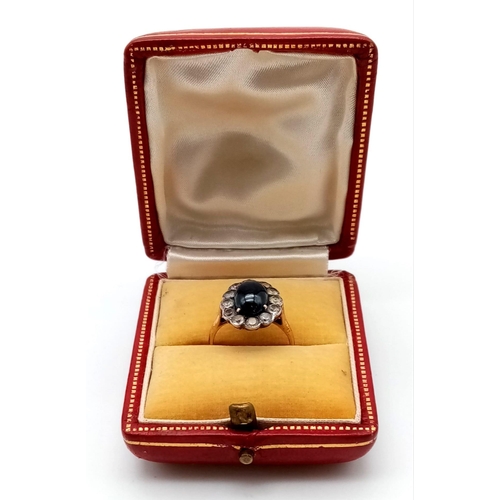 147 - 18K YELLOW GOLD BLUE AND WHITE SAPPHIRE CLUSTER RING. 3.3G. SIZE L WITH BOX