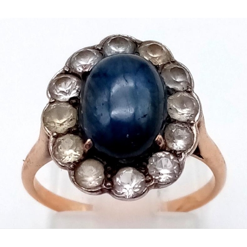 147 - 18K YELLOW GOLD BLUE AND WHITE SAPPHIRE CLUSTER RING. 3.3G. SIZE L WITH BOX