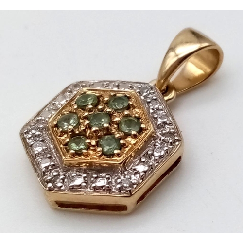 180 - 9K YELLOW GOLD DIAMOND & PERIDOT PENDANT. 2.5G