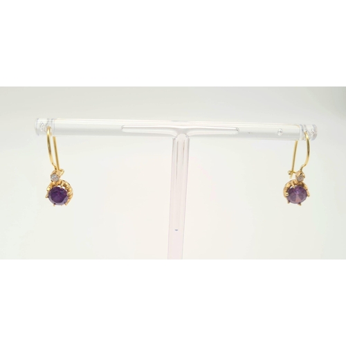 188 - 14K YELLOW GOLD AMETHYST DROP EARRINGS. 3.7G