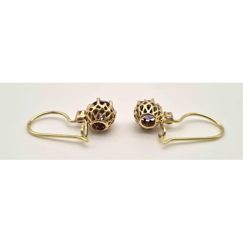 188 - 14K YELLOW GOLD AMETHYST DROP EARRINGS. 3.7G