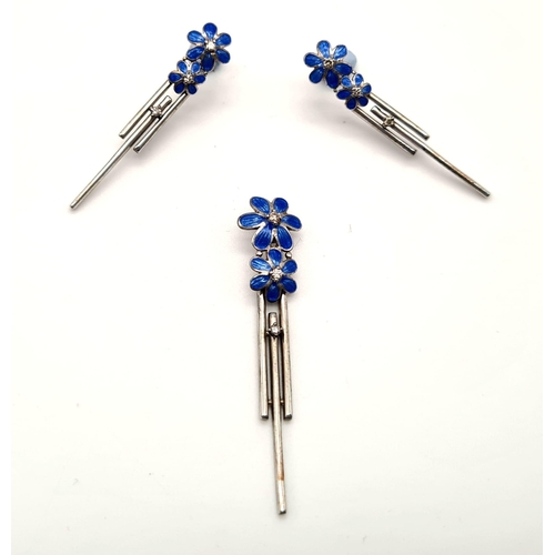 791 - STERLING SILVER WITH BLUE ENAMEL AND DIAMONDS DROP PENDANT AND EARRINGS. (EARRINGS NEED BACKS) 4.8G.