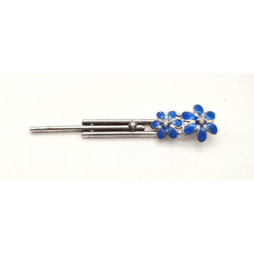 791 - STERLING SILVER WITH BLUE ENAMEL AND DIAMONDS DROP PENDANT AND EARRINGS. (EARRINGS NEED BACKS) 4.8G.