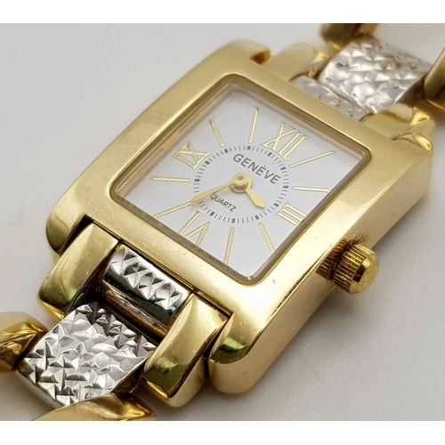 117 - A 14K Yellow and White Gold Geneve Quartz Ladies Watch. 14k gold strap and case - 22 x 16mm. White d... 