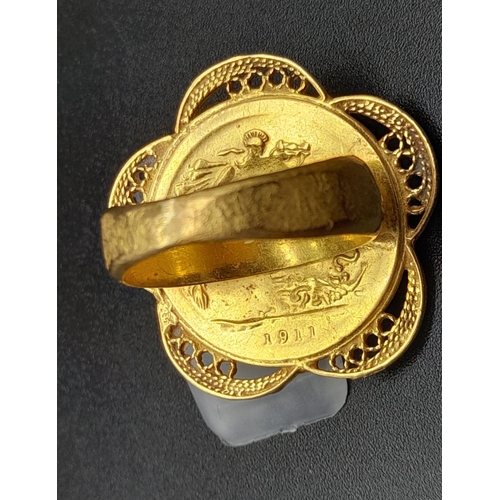 177 - A 22K Gold 1911 Full Sovereign Fancy Ring. Size S.  13.17g. Ref - 3445.