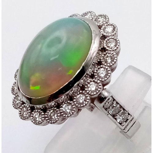 33 - An 18K white gold ring with a large cabochon natural opal (est 6-7 carats) surrounded by a halo of b... 