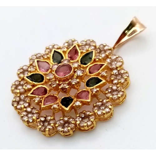 68 - A vintage, 18 k yellow gold pendant with diamonds and coloured tourmalines. Dimensions: 27 x x27 x 8... 