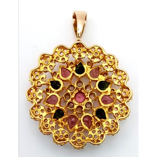 68 - A vintage, 18 k yellow gold pendant with diamonds and coloured tourmalines. Dimensions: 27 x x27 x 8... 