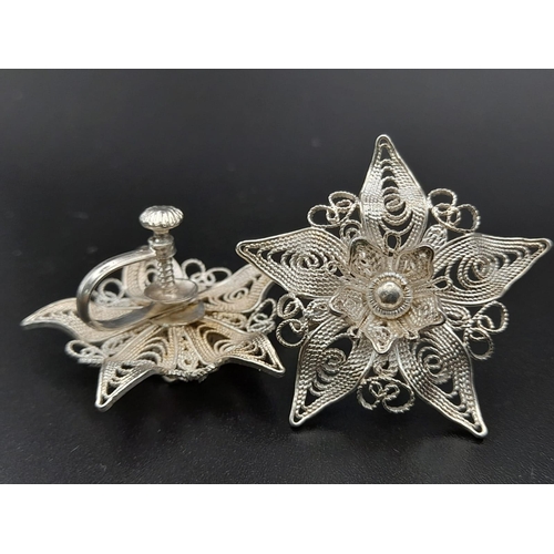 726 - Vintage or Antique Silver Filigree Screw Back Floral Earrings 3cm Diameter.