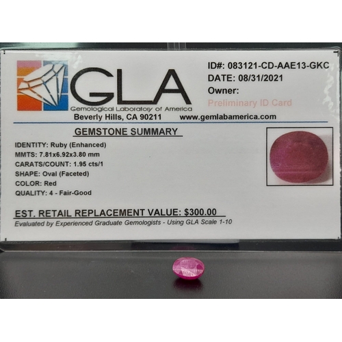 321 - An oval cut faceted ruby (1.95 carats) with GLA certificate. Dimensions: 7.81 x 6.92 x 3.80 mm. Orig... 