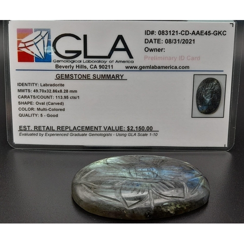 411 - An oval carved labradorite (113.95 carats) with GLA certificate. Dimensions: 49.70 x 32.86 x 8.28 mm... 