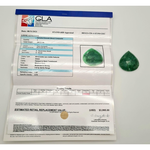 510 - A large (204.35 carats) emerald (beryl) composite. Pear cut, faceted with GLA certificate. Dimension... 