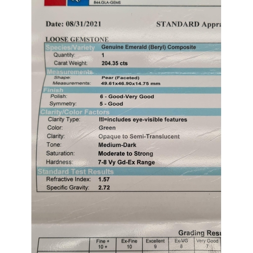 510 - A large (204.35 carats) emerald (beryl) composite. Pear cut, faceted with GLA certificate. Dimension... 