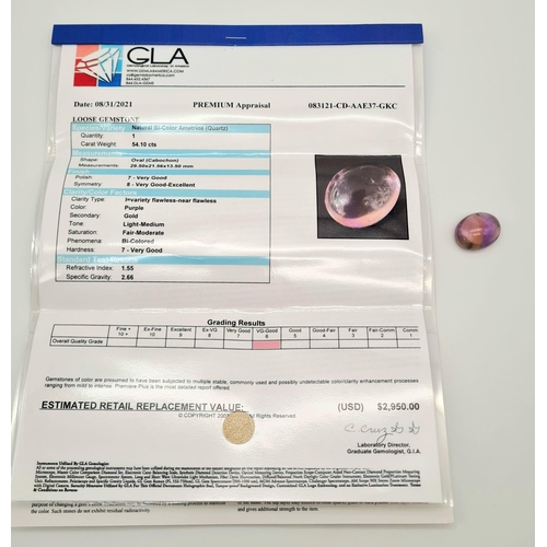 531 - A large oval cabochon natural bicolour ametrine (54.10 carats) with GLA Certificate. Dimensions: 29.... 