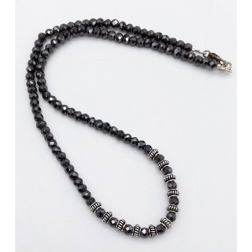 710 - 115cts Black Moissanite Unisex Necklace with 925 Silver beads. 48cm length