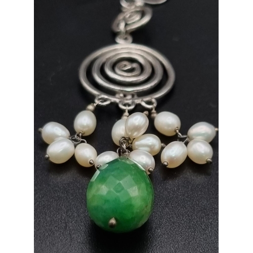 718 - 97cts Dangler Emerald Gemstone Earrings with pearls in 925 Silver antique finish. Total weight: 19.1... 