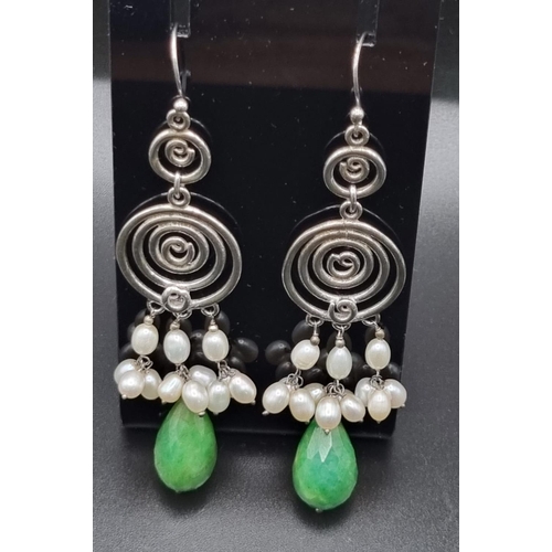 718 - 97cts Dangler Emerald Gemstone Earrings with pearls in 925 Silver antique finish. Total weight: 19.1... 