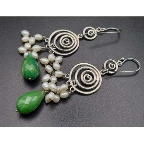 718 - 97cts Dangler Emerald Gemstone Earrings with pearls in 925 Silver antique finish. Total weight: 19.1... 