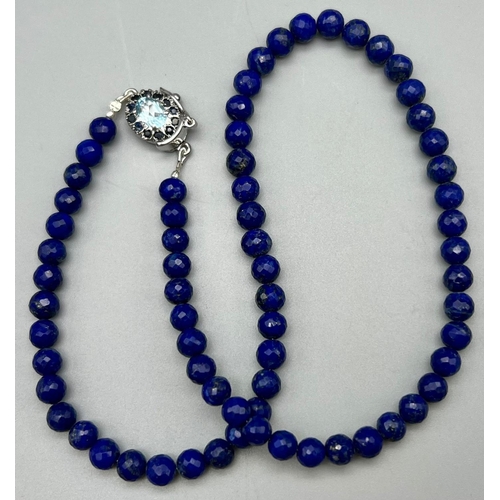 628 - 165cts Lapis Lazuli Gemstone Single Strand Necklace with Blue Topaz and Sapphire Clasp. 35grams. Len... 