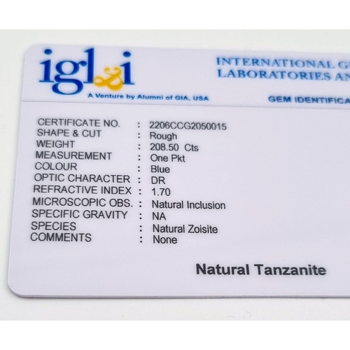 614 - 208.5ct Natural Rough Tanzanite. IGLI&I Certified.