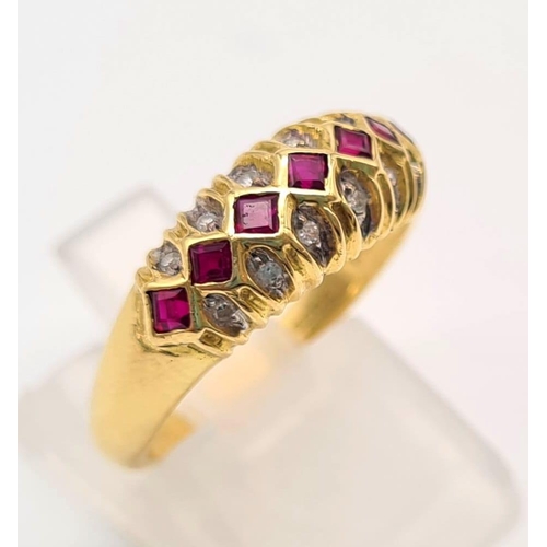 590 - 18K YELLOW GOLD DIAMOND & RUBY BAND RING 4.4G SIZE M