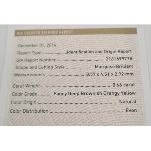 279 - LOOSE DIAMOND MARQUISE BRILLIANT 0.66ct; GIA 2161699778 NATURAL FANCY DEEP BROWN/ORANGE YELLOW COLOU... 