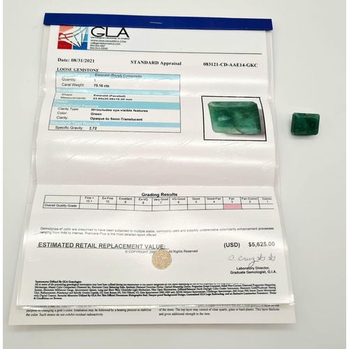 314 - A large (75.16 carats) emerald (beryl) composite. Emerald cut, faceted, with GLA certificate, origin... 