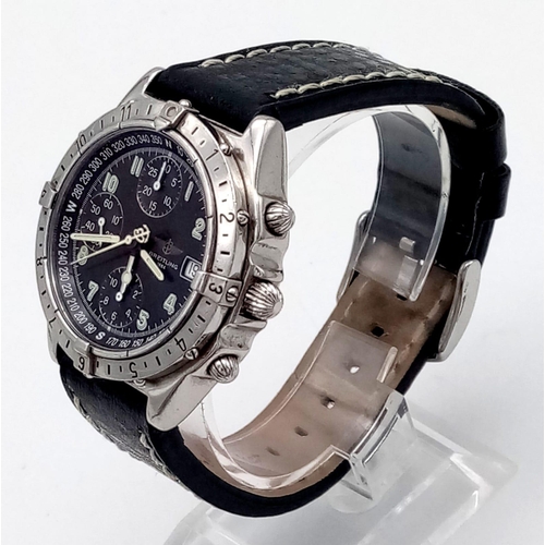 400 - A Breitling Chronomat GMT Automatic Gents Watch. Black leather strap. Stainless steel case - 40mm. B... 