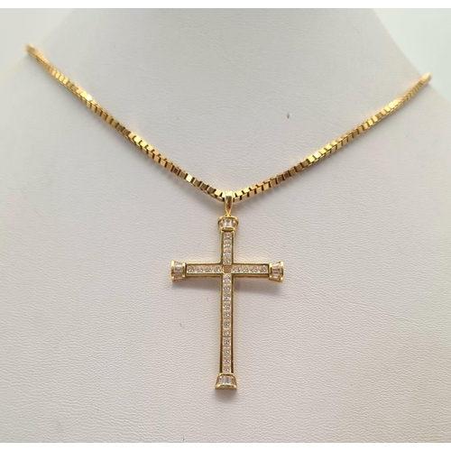 486 - An 18K Yellow Gold White Stone Cross Pendant - 4cm, 3.28g plus a 9k yellow gold chain - 44cm, 9.68g.... 