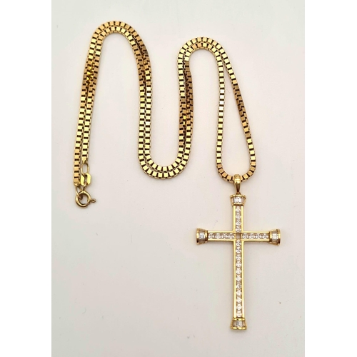 486 - An 18K Yellow Gold White Stone Cross Pendant - 4cm, 3.28g plus a 9k yellow gold chain - 44cm, 9.68g.... 