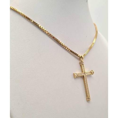 486 - An 18K Yellow Gold White Stone Cross Pendant - 4cm, 3.28g plus a 9k yellow gold chain - 44cm, 9.68g.... 