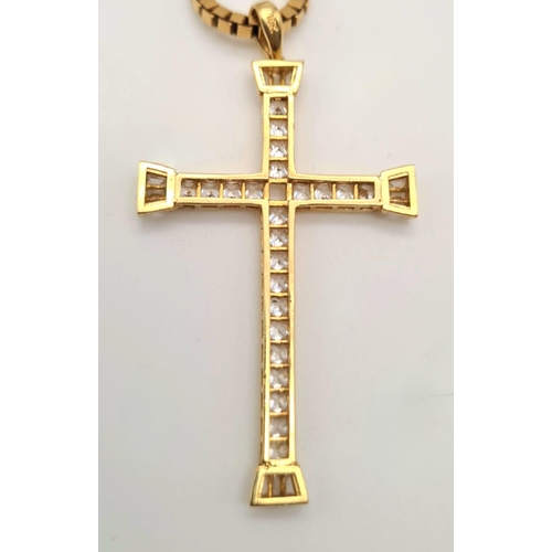 486 - An 18K Yellow Gold White Stone Cross Pendant - 4cm, 3.28g plus a 9k yellow gold chain - 44cm, 9.68g.... 