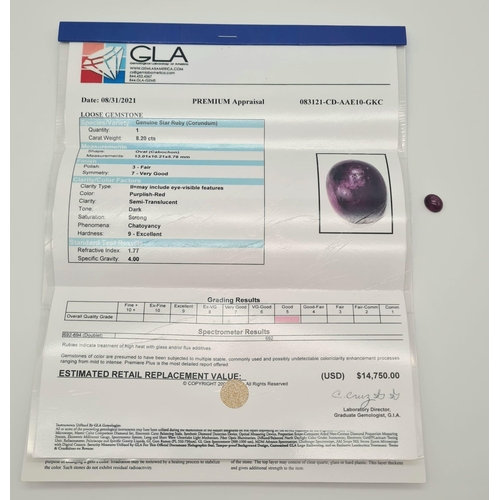 524 - An oval cabochon ruby (8.20 carats) with GLA certificate. Dimensions: 13.01 x 10.21 x 5.76 mm. Origi... 