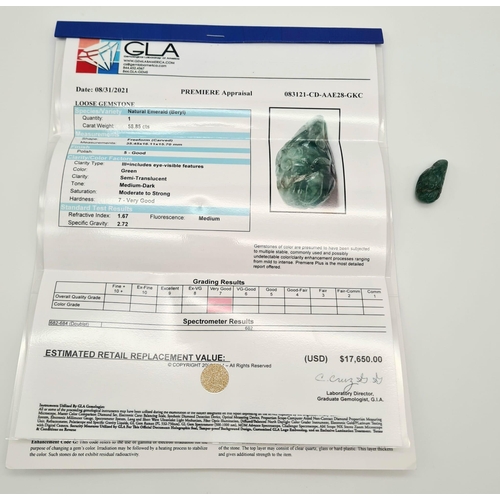 538 - A natural freeform carved emerald (58.85 carats) with GLA certificate. Dimensions: 35.45 x 16.11 x 1... 