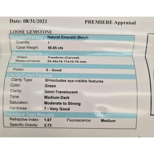 538 - A natural freeform carved emerald (58.85 carats) with GLA certificate. Dimensions: 35.45 x 16.11 x 1... 