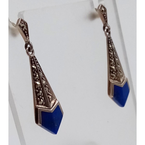 622 - Vintage Sterling Silver Lapis Lazuli and Marcasite Pendant Earrings 3cm Drop in Presentation Box.