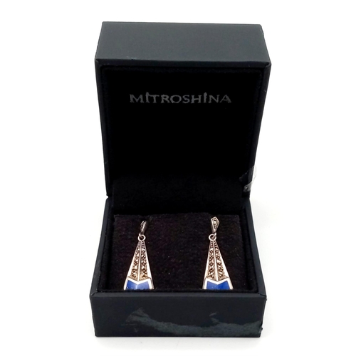 622 - Vintage Sterling Silver Lapis Lazuli and Marcasite Pendant Earrings 3cm Drop in Presentation Box.