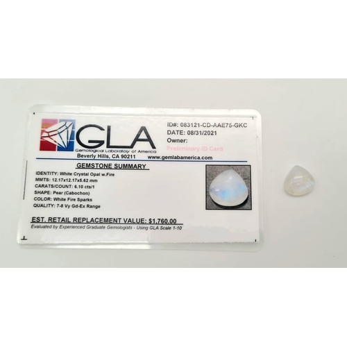 624 - A pear cabochon white opal (6.10 carats) with GLA certificate. Dimensions: 12.17 x 12.17 x 5.62 mm. ... 