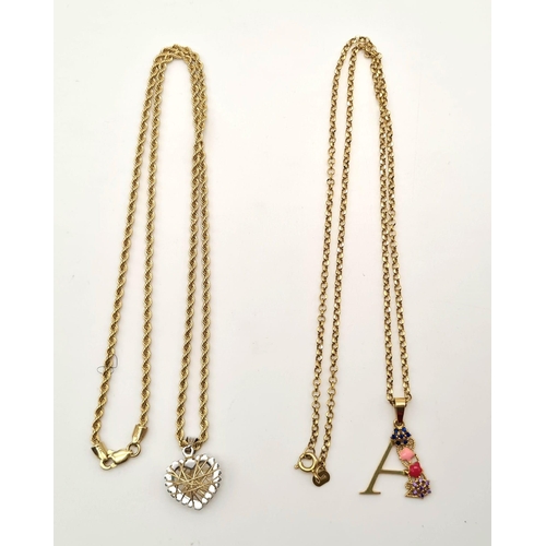 95 - Two Gold Chains with Pendants: A 21k Yellow Gold Chain with the Letter A Pendant - 2 and 44cm - 3.9g... 