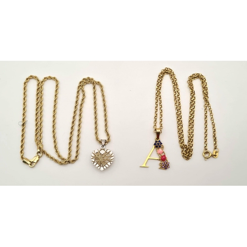 95 - Two Gold Chains with Pendants: A 21k Yellow Gold Chain with the Letter A Pendant - 2 and 44cm - 3.9g... 