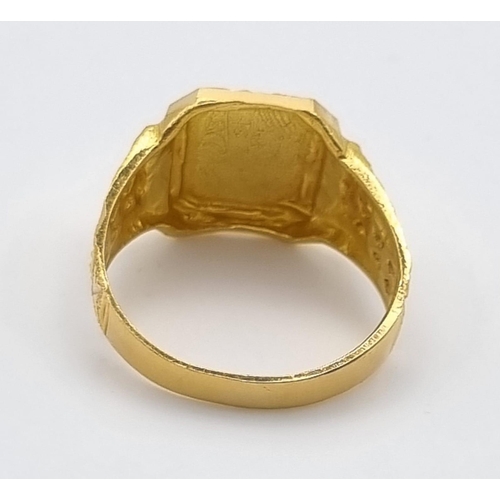 46 - A 22K Yellow Gold Signet Ring. Pierced and engraved decoration. Size V. 9.1g. Ref - 9212. Ring sligh... 