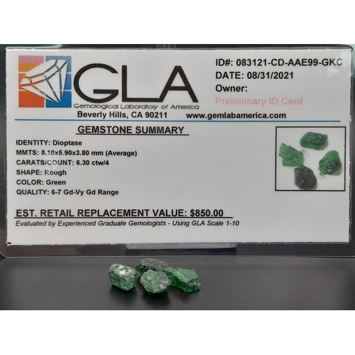 596 - Four rough dioptase pieces (total 6.30 carats) with GLA certificate. Average dimensions: 8.10 x 5.90... 