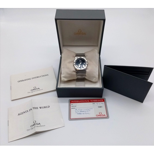 293 - OMEGA CONSTELATION QUARTZ BRACELET WATCH WITH ORIGINAL BOX AND PAPERS. 32mm. Needs batteries.